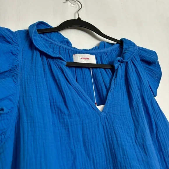 Xirena Bex Cotton Ruffle V-Neck Top in Deep Wave Size XS NEW Gauze Lightweight - Picture 4 of 14